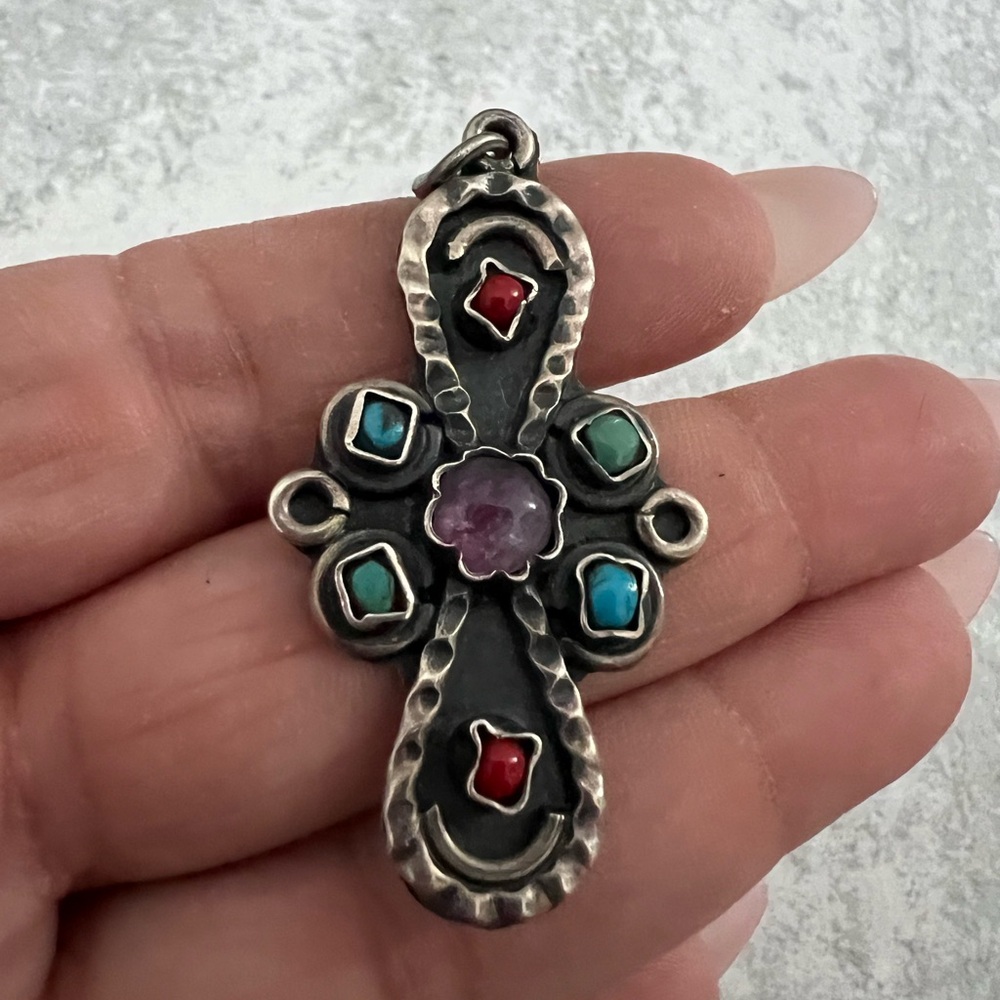 Vintage Taxco .925 Sterling Silver And Colored Stones Cross Pendant Turquoise